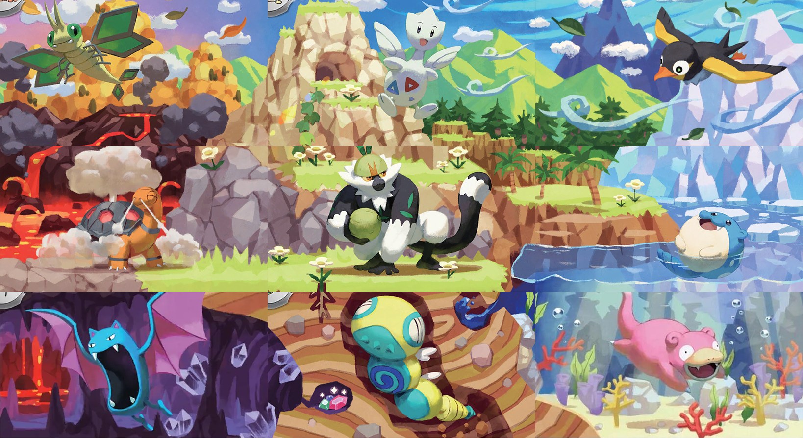 Teeziro’s 2024 nine-card connected Pokémon mural — artwork from nine commons across five sets assembled into one landscape