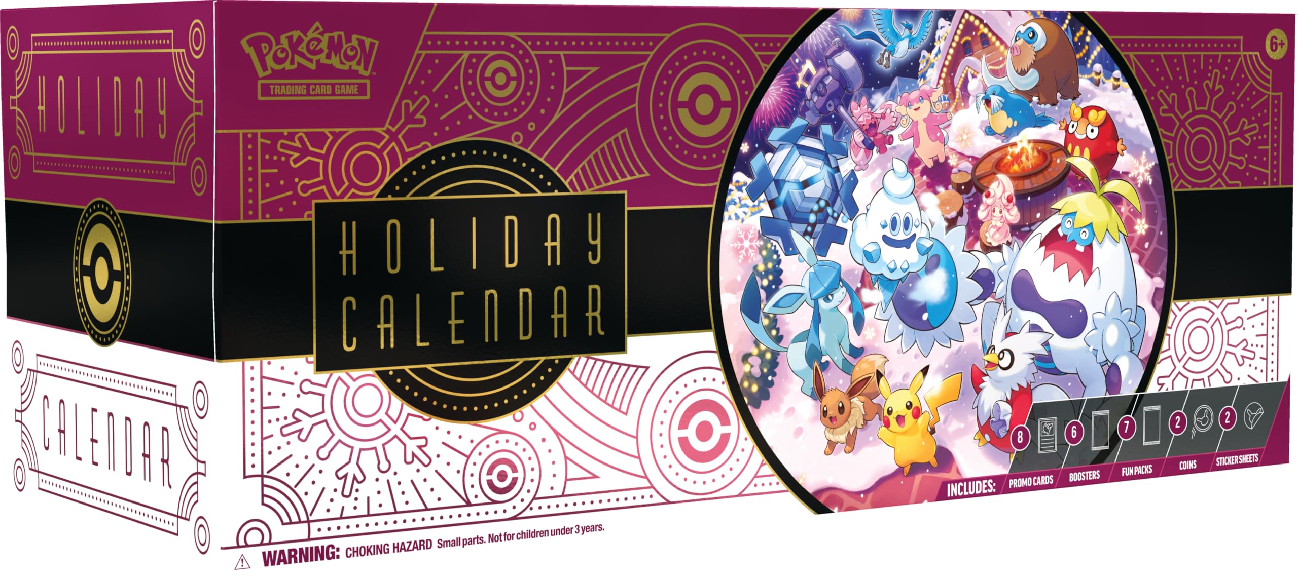 The Pokémon TCG Holiday Calendar 2025 box: a long magenta and gold box with Pikachu, Eevee, Glaceon, Vanillish and Delibird on a snowy scene, listing 8 promo cards, 6 boosters, 7 fun packs, 2 coins and 2 sticker sheets